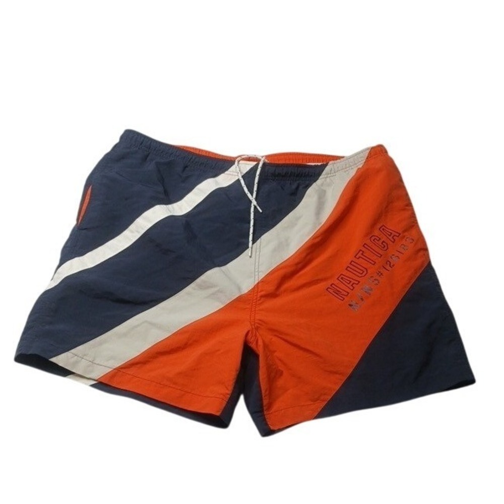 Vtg Nautica Swim Trunks Mens XL Navy Orange Colorblock Mesh Lined Board Shorts